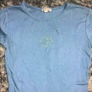 Derek Heart Blue Crop Top with Short Sleeves and Rhinestone Heart